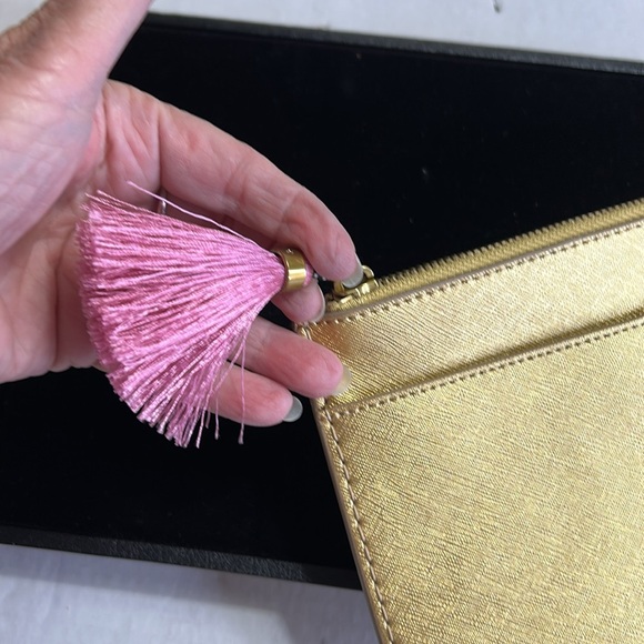 J.CREW SAFFIANO LEATHER GOLD CLUTCH POUCH TASEL ZIP - Picture 2 of 10